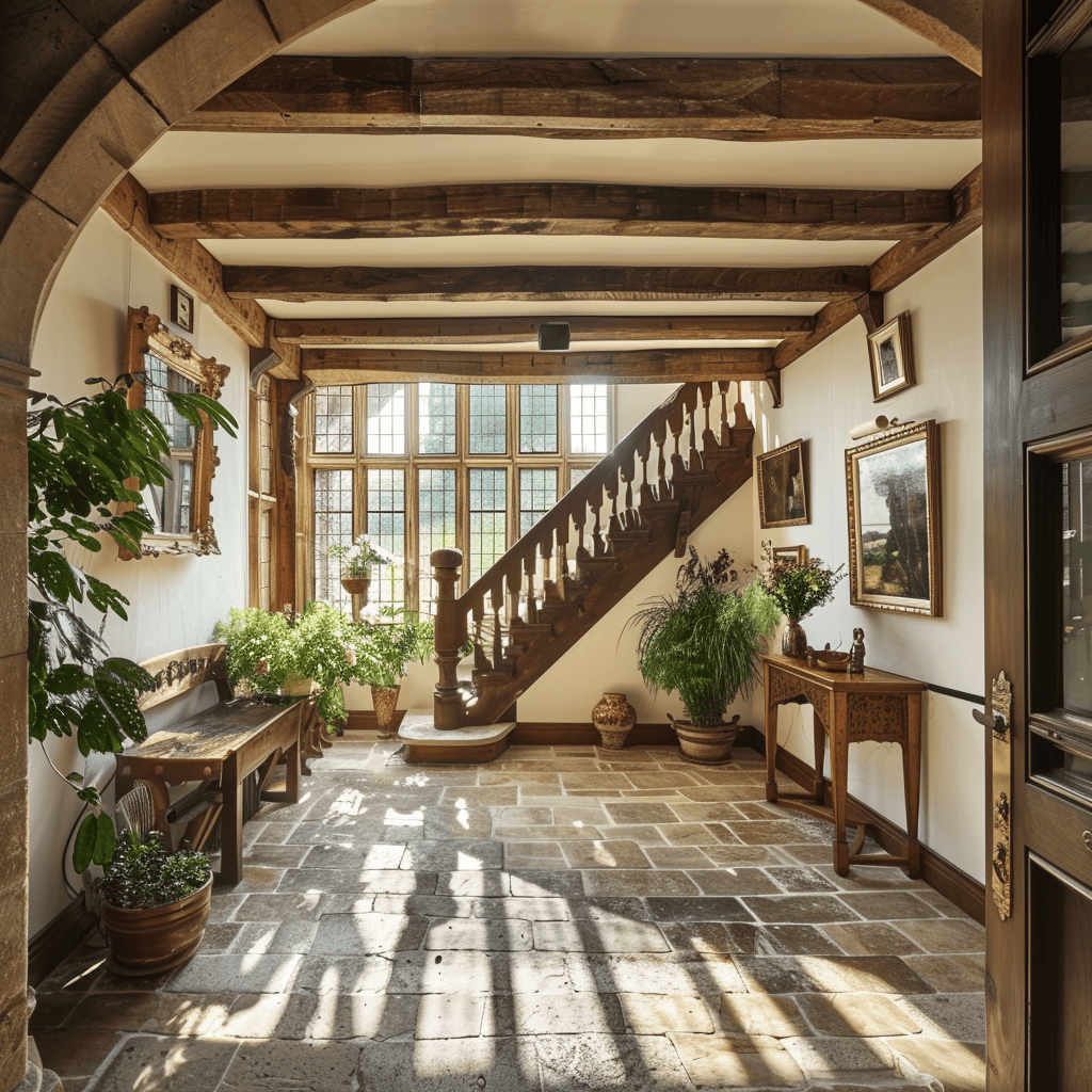 A charming rustic hallway with wooden beams a stone floor and a grand staircase bathed in warm natural light from large windows English countryside style2