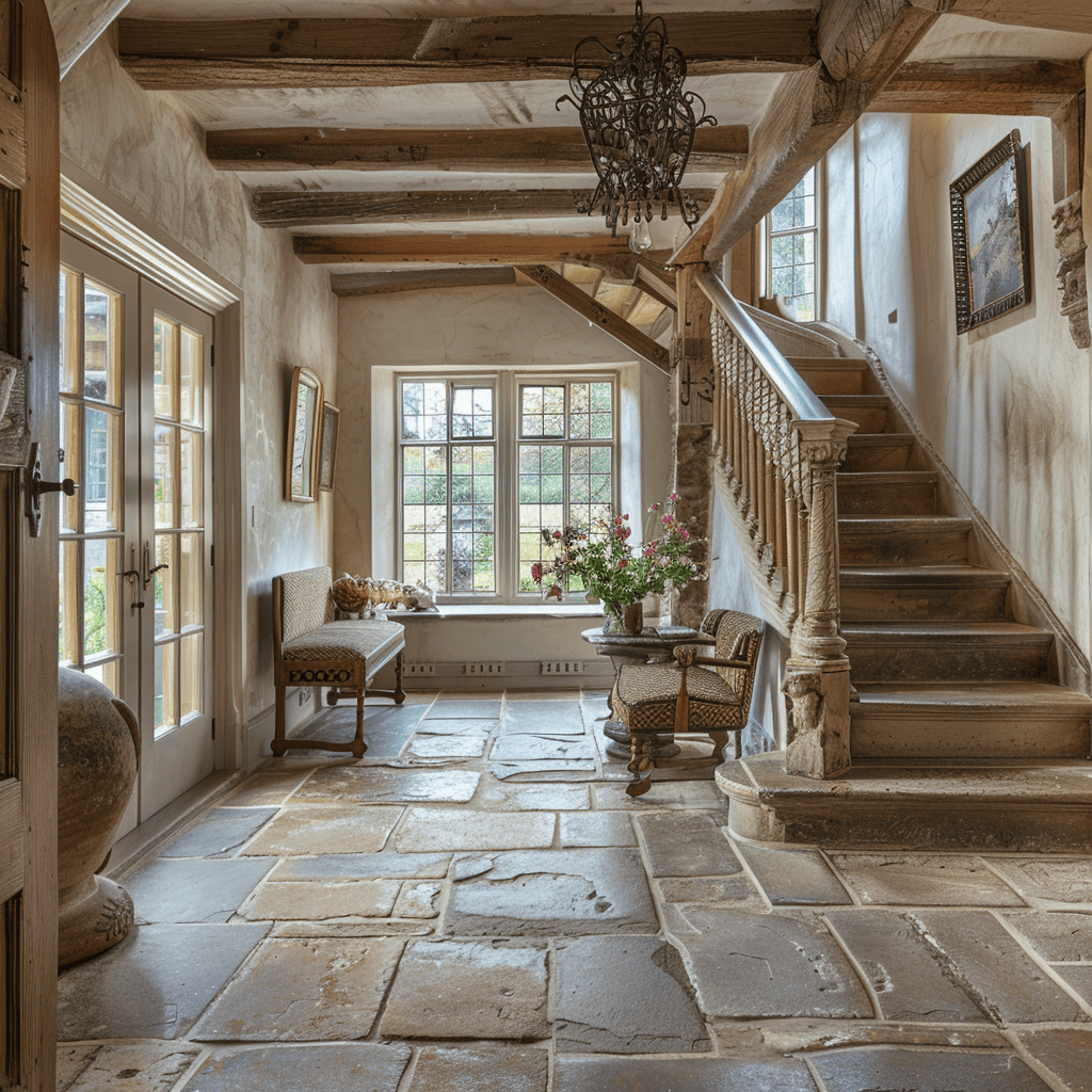 A charming rustic hallway with wooden beams a stone floor and a grand staircase bathed in warm natural light from large windows English countryside style6